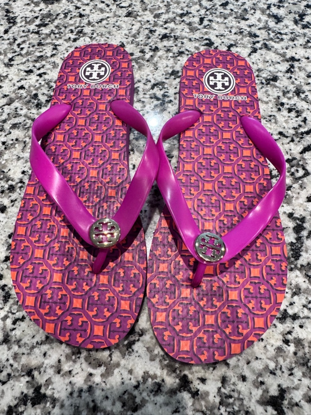 Tory Burch Pink and Orange Logo-Print Flip Flop Sandals